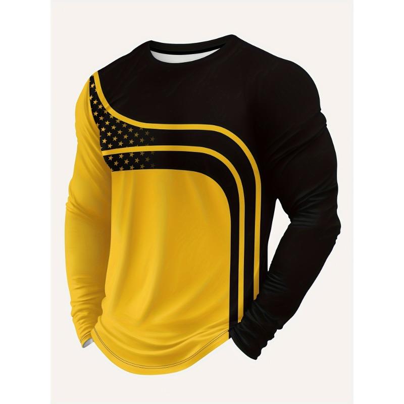 Herr Sport Mode Färgövergång Färg Färg Mar Tryck Rund Hals Lång Ärm T-shirt Vår Höst Fritid Toppar Utomhus Sportkläder T-shirt