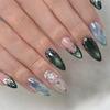 24PCS Aurora Dark Green Cat Eye Ins Nail Tips Silver French False Nails Simple Flower Wearable Fake Nails Art for Women Press On