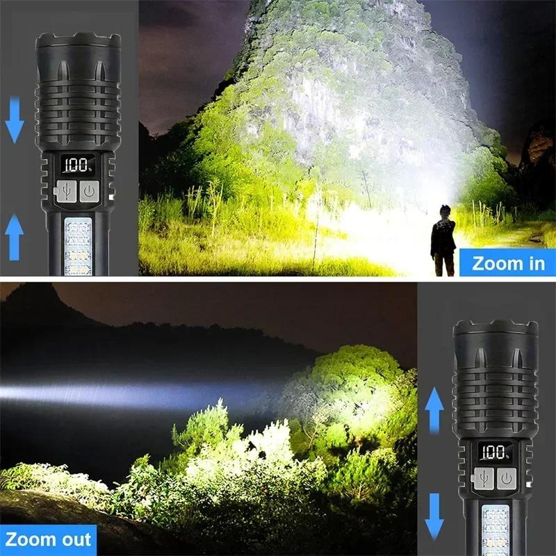 High Power LED Flashlights with Display Screen Portable Rechargeable Zoom Tactical Torch Lamp with Emergency Side Lights Lantern