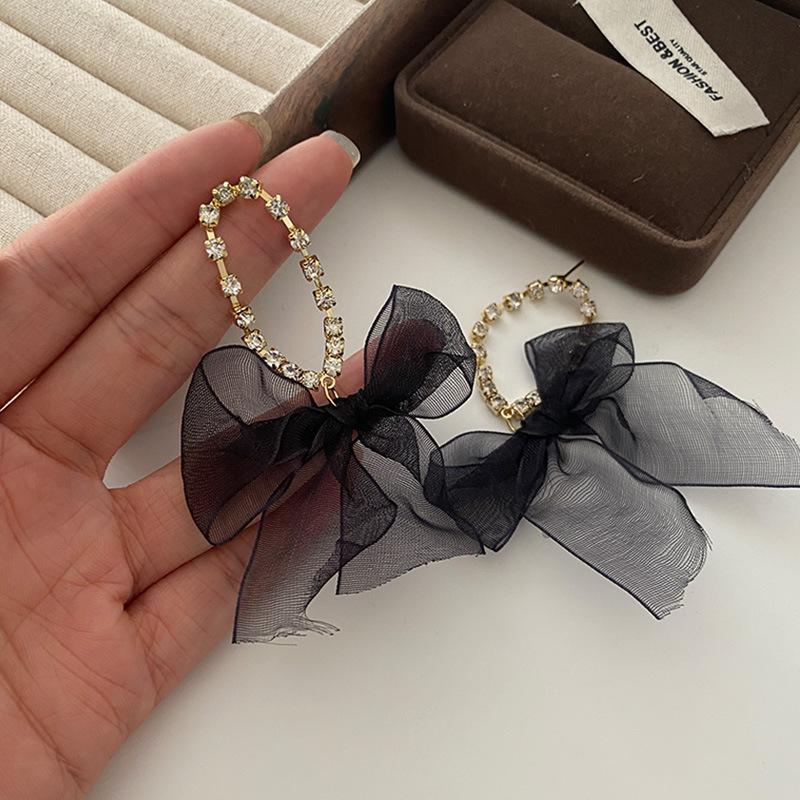 Mesh Bow Earrings Long Fringed Atmosphere High-end Ear Jewelry Korean Version of Hepburn Cold Wind Earrings Women
