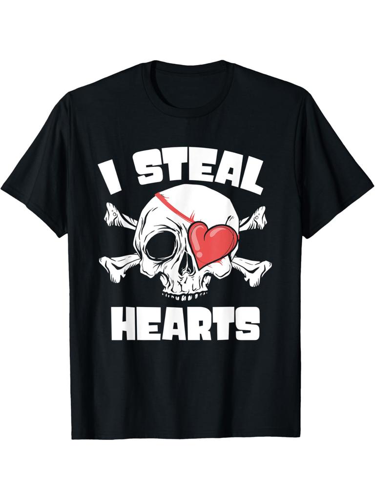 I Steal Hearts Pirate Skull Graphic Tee Men's Funny Valentine's Day Casual Cotton T-Shirt