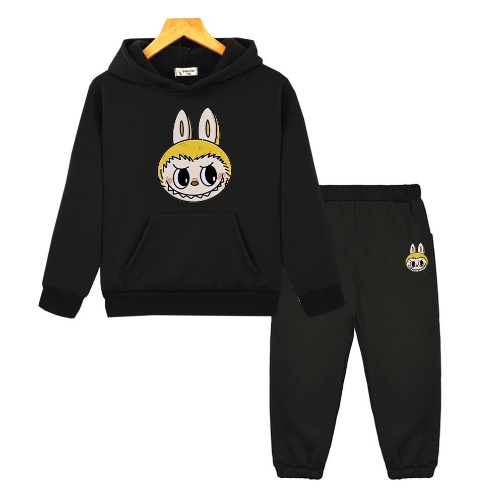 Labubu Kawaii Anime hoodie Fleece sweatshirt pojkar flickor Huvförsedda Set Tecknad Jacka 2st tröja+byxor barn boutique kläder