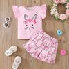Girls' Easter Rabbit Puff Sleeve Summer Set with Cartoon Flowers