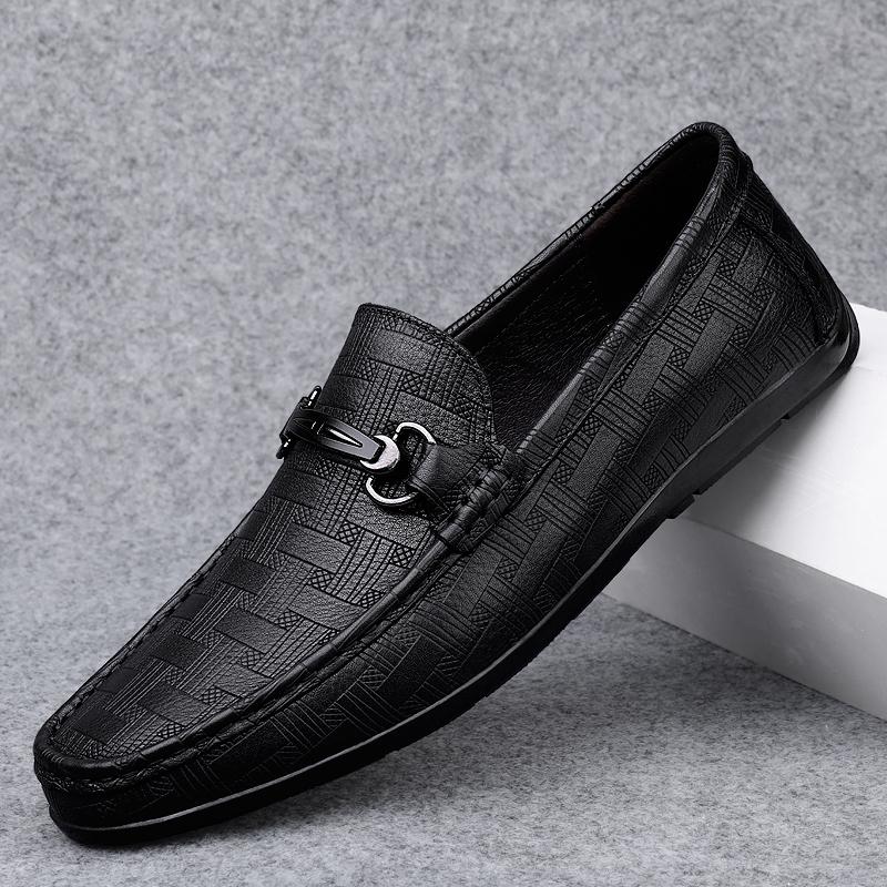 Mode Neuankömmling Schwarze Slipper Herren Echtleder Slipper Flats Hohe Qualität Herren Businessschuhe Weiche Sohle Freizeitschuhe Mokassin