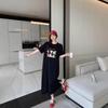 Women's Cartoon Print Casual Crew-neck Short-sleeved Dress Summer Mid-length Split Dress