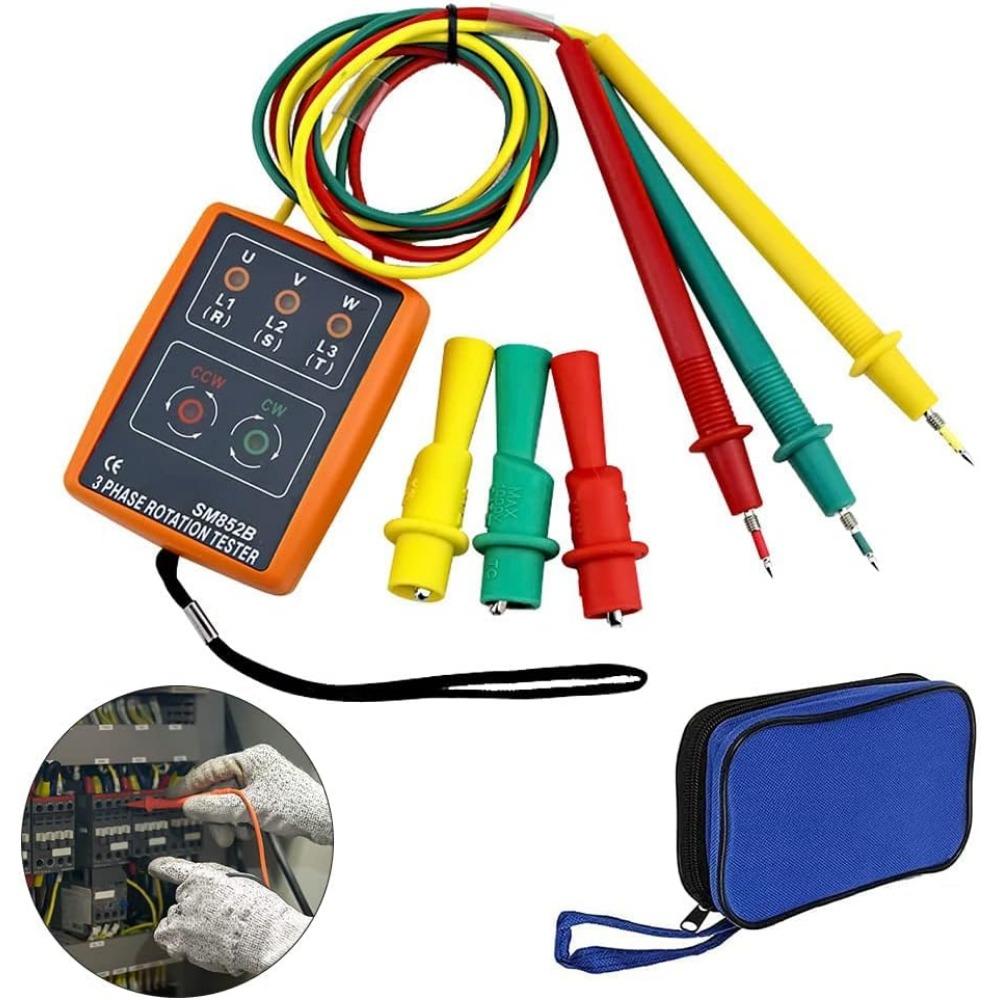 Tester de fază Contor de câmp de rotație AC60V~600V, indicator de rotație de prezență în secvență trifazică Contor de detector cu cleme de crocodil și tester sonor