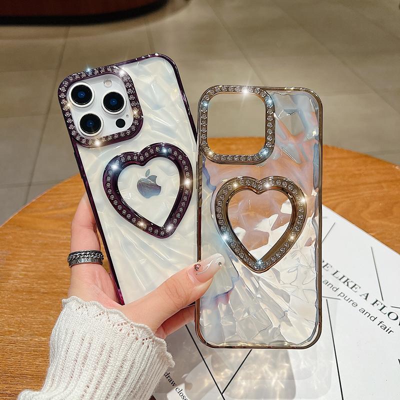 Luxury Glitter Rhinestone Transparent 3D Heart Phone Case For iPhone 16 15 14 13 11 12 16 Pro Max Shockproof Plating Back Cover