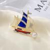 Exquisite Rhinestone Blue Sailboat Brooches For Women Men Elegant Luxury Pearl Boat Brooch Pins Office Party Jewelry Gifts