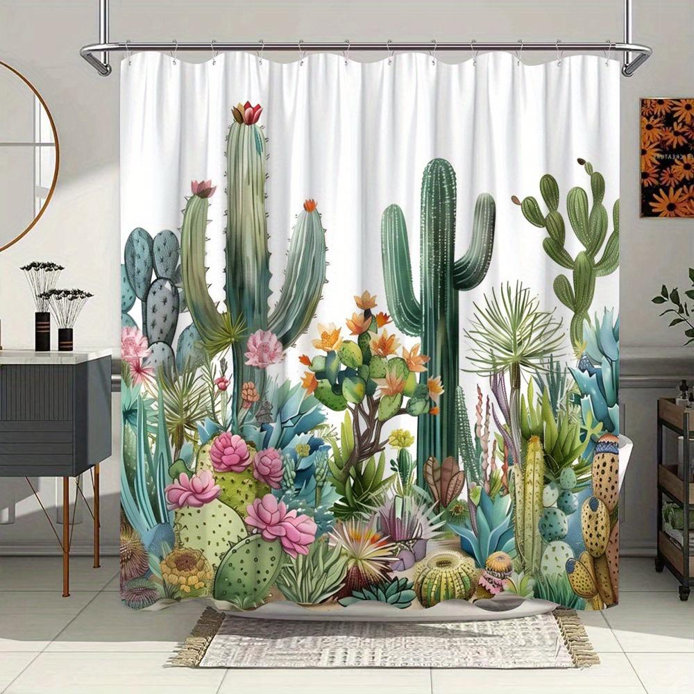 Rideau de Douche Jardin Désertique - Succulentes, Cactus, Fleurs Roses, Polyester, 12 Crochets, Design Inspiré par la Nature