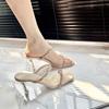 Fashion Thin Heeled Flat Strap High-heeled Half Drag Women's Sandals 2025 Summer New Rhinestone High-heeled Shoes Fairy Style Slippers