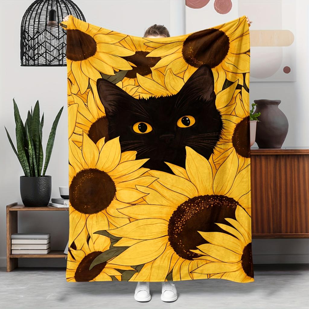 1pc Printed Black Cat and Sunflower Pattern Blanket, Polyester Fabric, Machine Washable, Suitable for Bedroom and Living Room