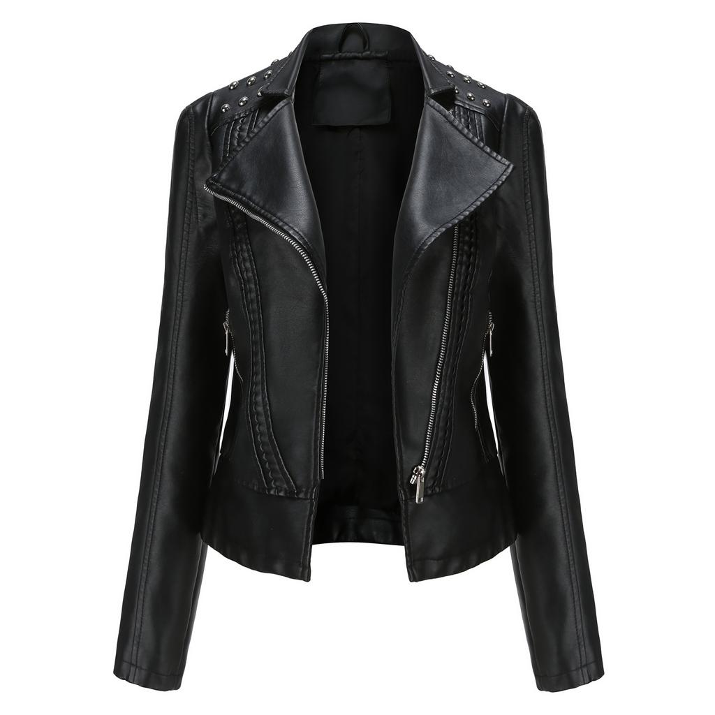 Women PU Leather Jacket Motorcycle Biker Short Coat Motorcycle Racer Lapel Collar Punk Rock Crop Blazer Stylish Rivet Outerwear Fashion Tops Outfit