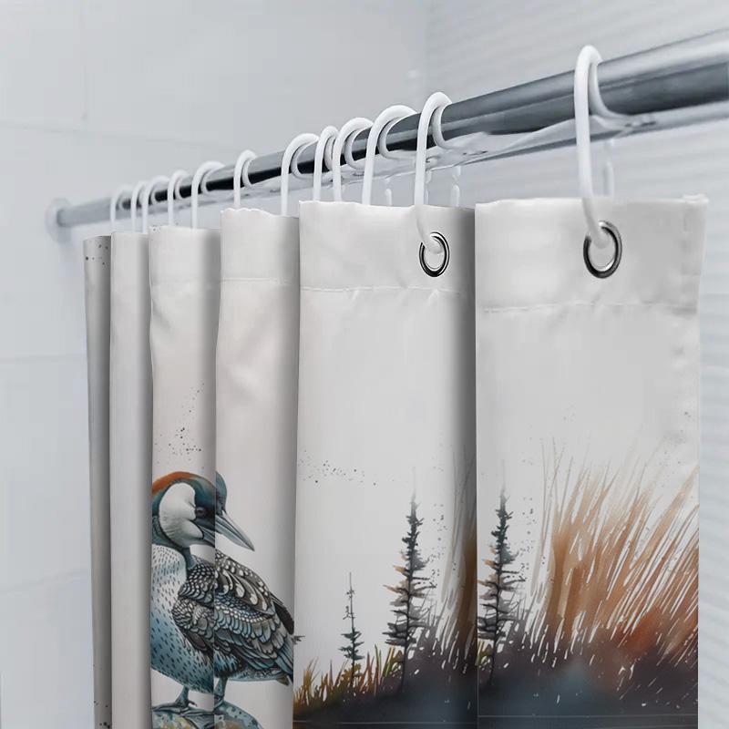 Moderner Duschvorhang mit Pfauen-Motiv, wasserdichte Badezimmerdekoration mit Natur-See-Szene-Druck für Heimdekoration, erhältlich in