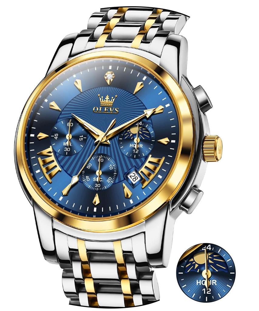 OLEVS Stylish Chronograph Popular Brand for Waterproof Quartz Wristwatch Men's Watch, Business, Large, Easy-to-Read Analog, (Blue-2892)