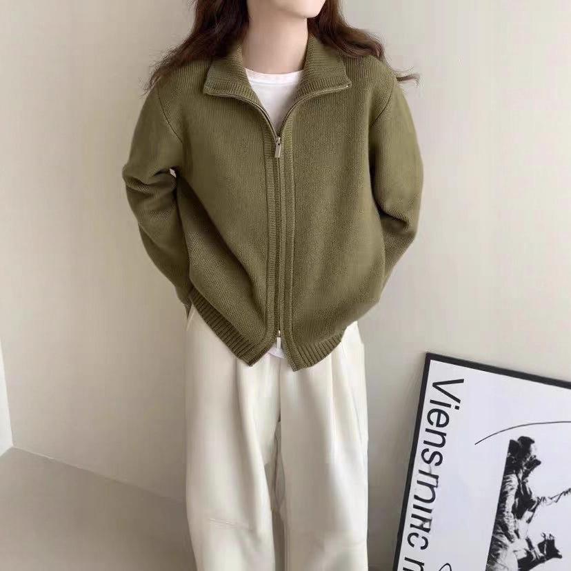 Koreanischer Pullover-Cardigan mit Doppelreißverschluss für Damen, Neuer Herbst- und Winterstil, Lässiger Stil, Weiches und lockeres Strickoberteil in einfarbig