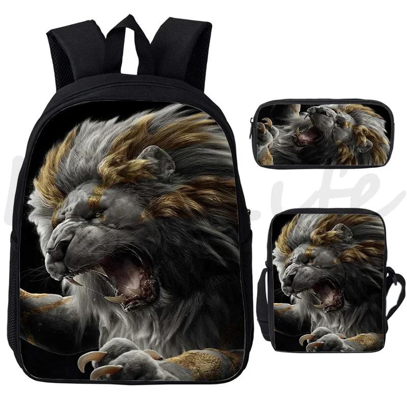 3pcs Animal Lion Wolf Backpack Shoulder Bag Pencil Case Boys Girls Cool Schoolbag Wolf Pattern Students Rucksack Travel Bags Set