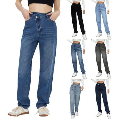 Dames Effen Kleur Dunne Casual Hoge Taille Losse Jeans Broek