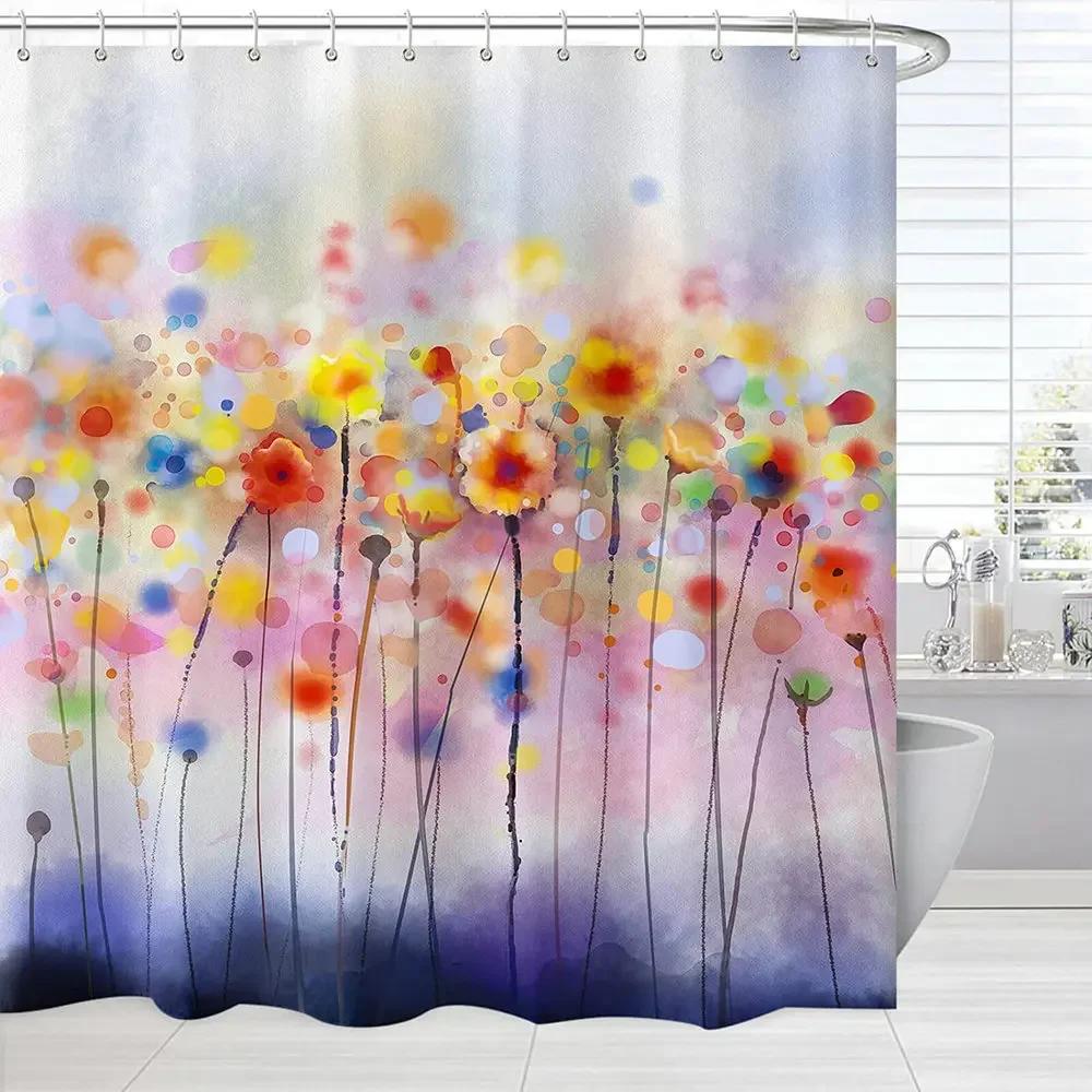 Flower Shower Curtain Girls Bathroom Watercolor Colorful Blurry Floral Pink Yellow Abstract Accessoreis Hooks Set Curtains Made Of Polyester Decor