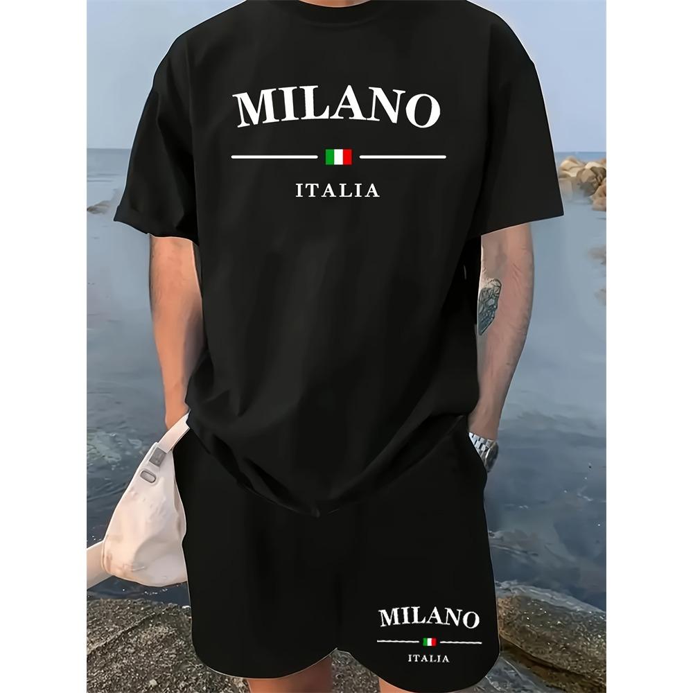 New Summer Men's Two Piece Hip Hop Print Round Neck T Shirt Casual Fashion Style Suit Breathable Short Sleeve Shorts