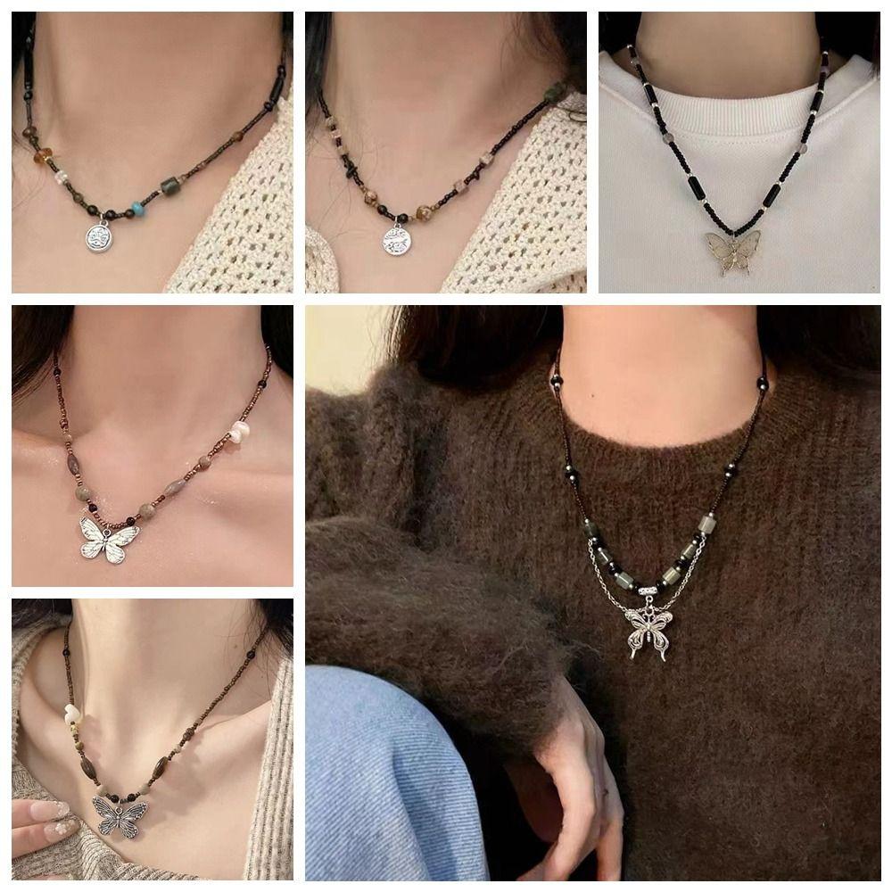 Wood Crystal Metal New Chinese Necklace Jewelry Retro Butterfly Pendant Gifts Vintage Black Rope for Punk Collier Hippie Unisex