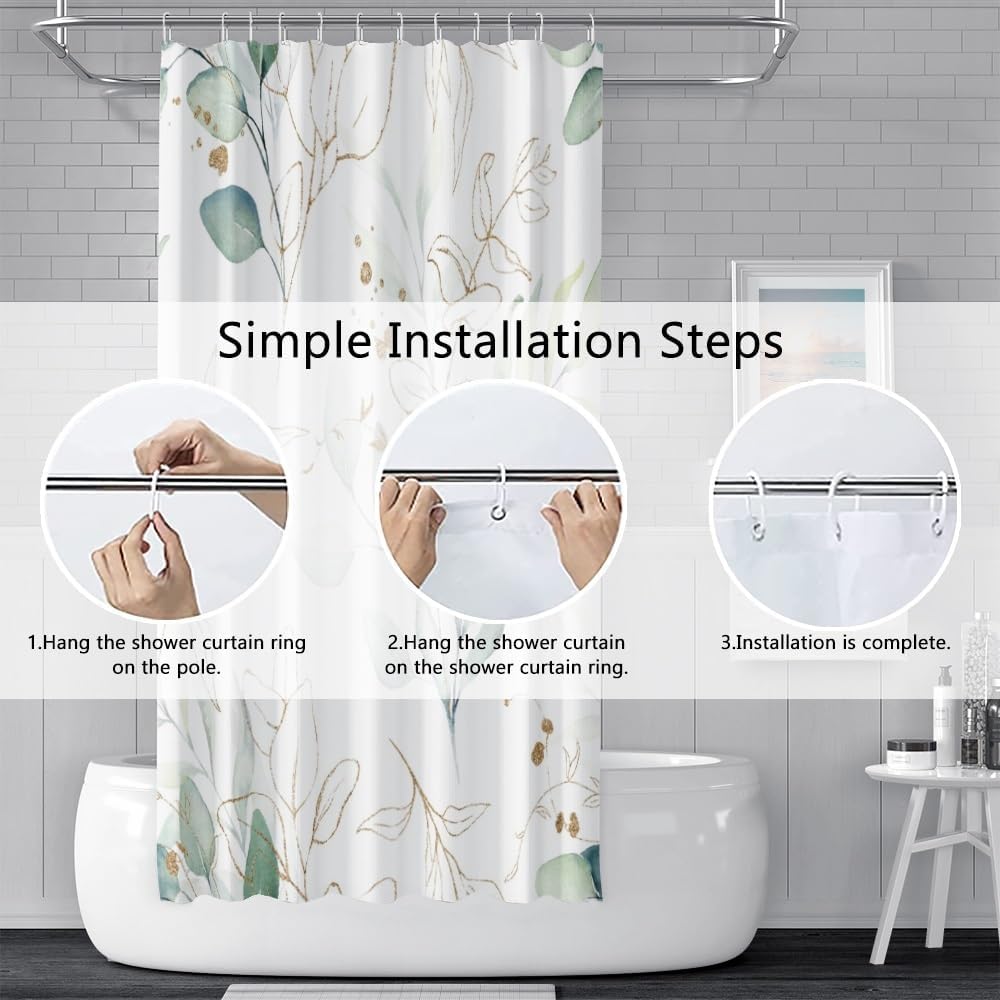 Abstract Green Gold Plant Pattern Shower Curtain Waterproof Washable Polyester Bathroom Curtain With 12 Hooks