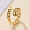 Golden Plated Cuban Link Open Adjustable Ring with Synthetic Zircon Buckle for Women Trendy Statement Jewelry Gift