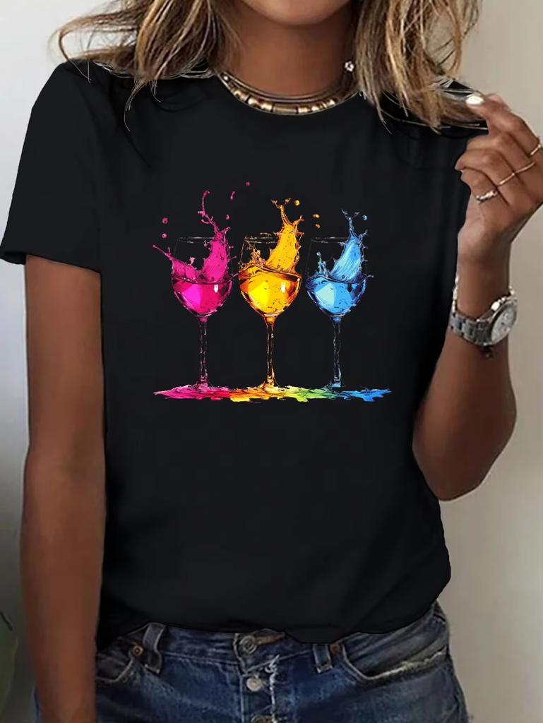 Wine Glasses Print Crew Neck Tshirt Casual Short Sleeve Top for Spring Summer Womens Clothing Aesthetic Clothes