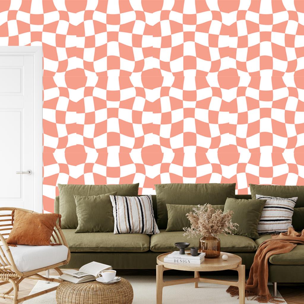 Wallpaper Casual Checkerboard Coral, White and Peach 50x1000