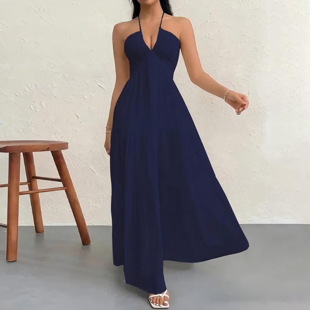Women Sleeveless Halter Neck Maxi Dress Backless Strap Tie Summer Beach Casual Long Dress for Vacation and Leisure Wear