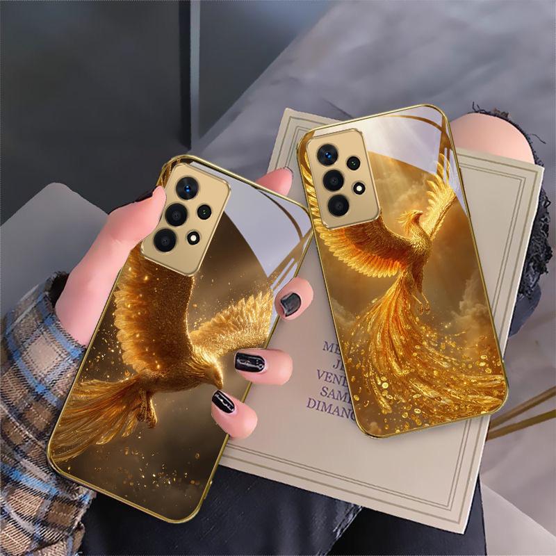 Luxurious Golden Bird For Samsung A 01 52S A04 A05S A10 A12 13 22 23 24 36 42 M02 Note 10 20Ultra 8 9 Golden Glass Phone Case