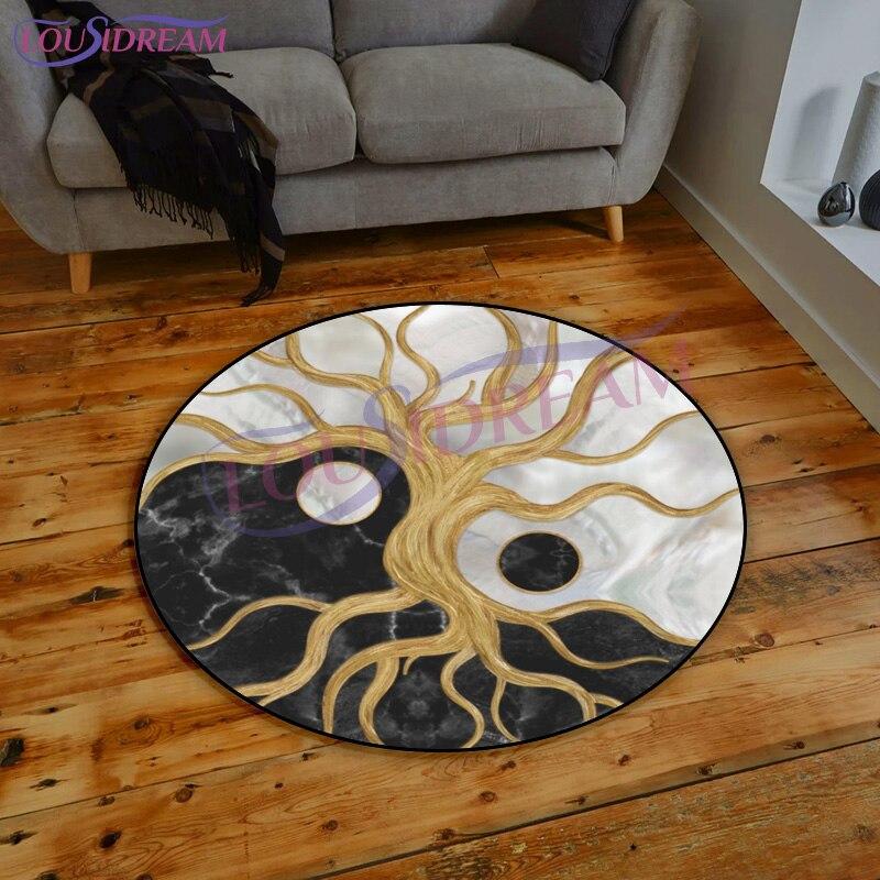 Tree of Life Yin Yang Pattern Round Carpet Tree of Life Rainbow Print Carpet Living Room Round Mat Yggdrasil Runic Round Carpet