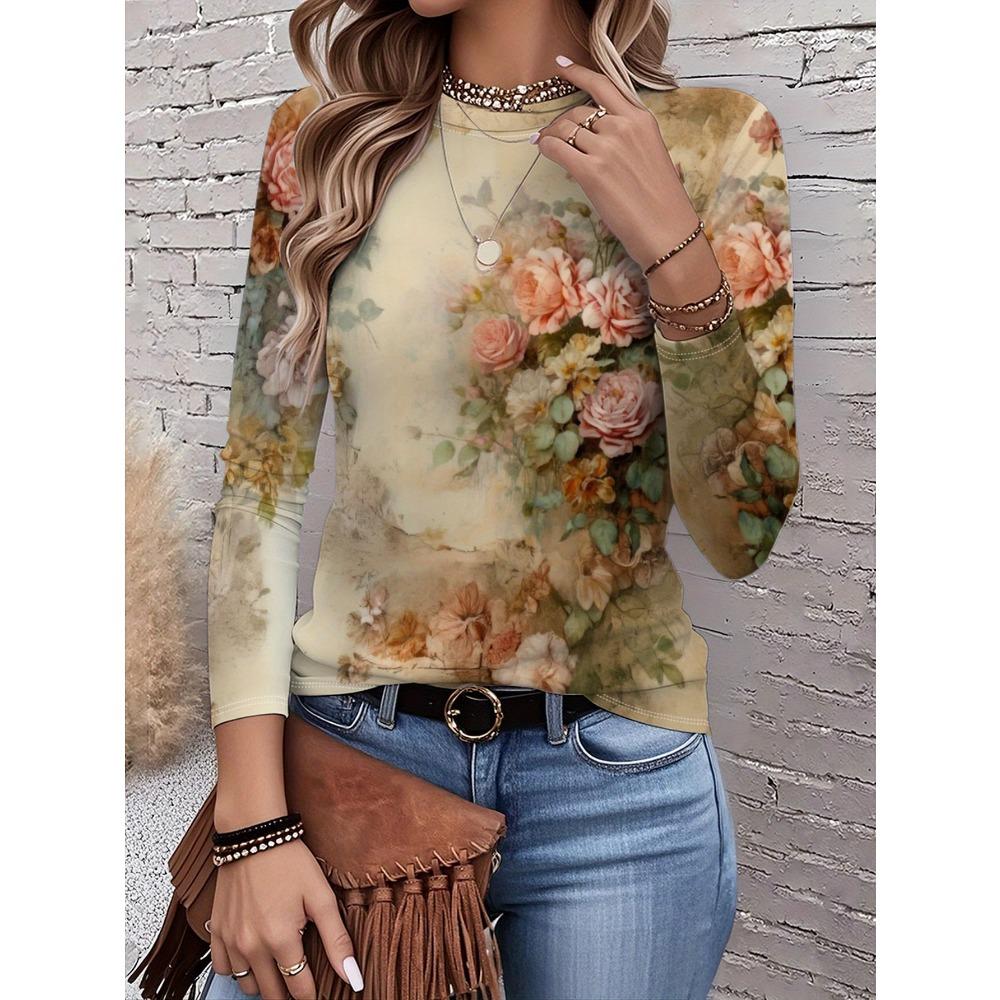 Women's Fashionable Long Sleeved T-shirt with Floral Pattern