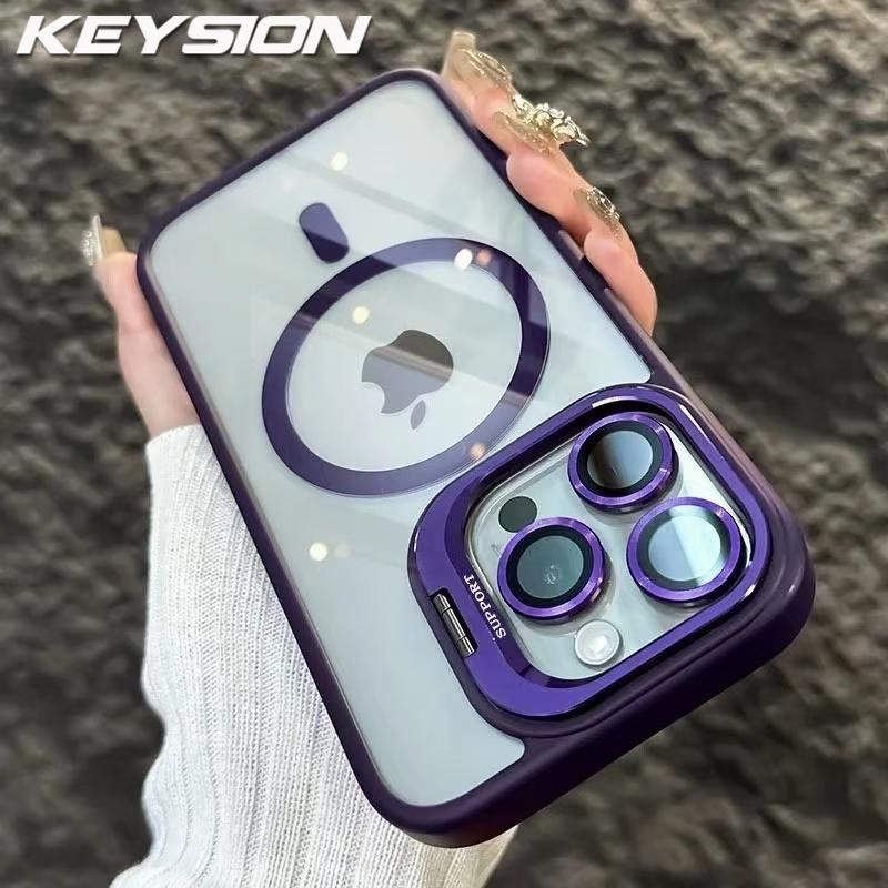 KEYSION Magnetic Transparent Phone Case for MagSafe for iPhone 11 12 13 14 Pro Max Lens Protector Metal Stand Shockproof Cover