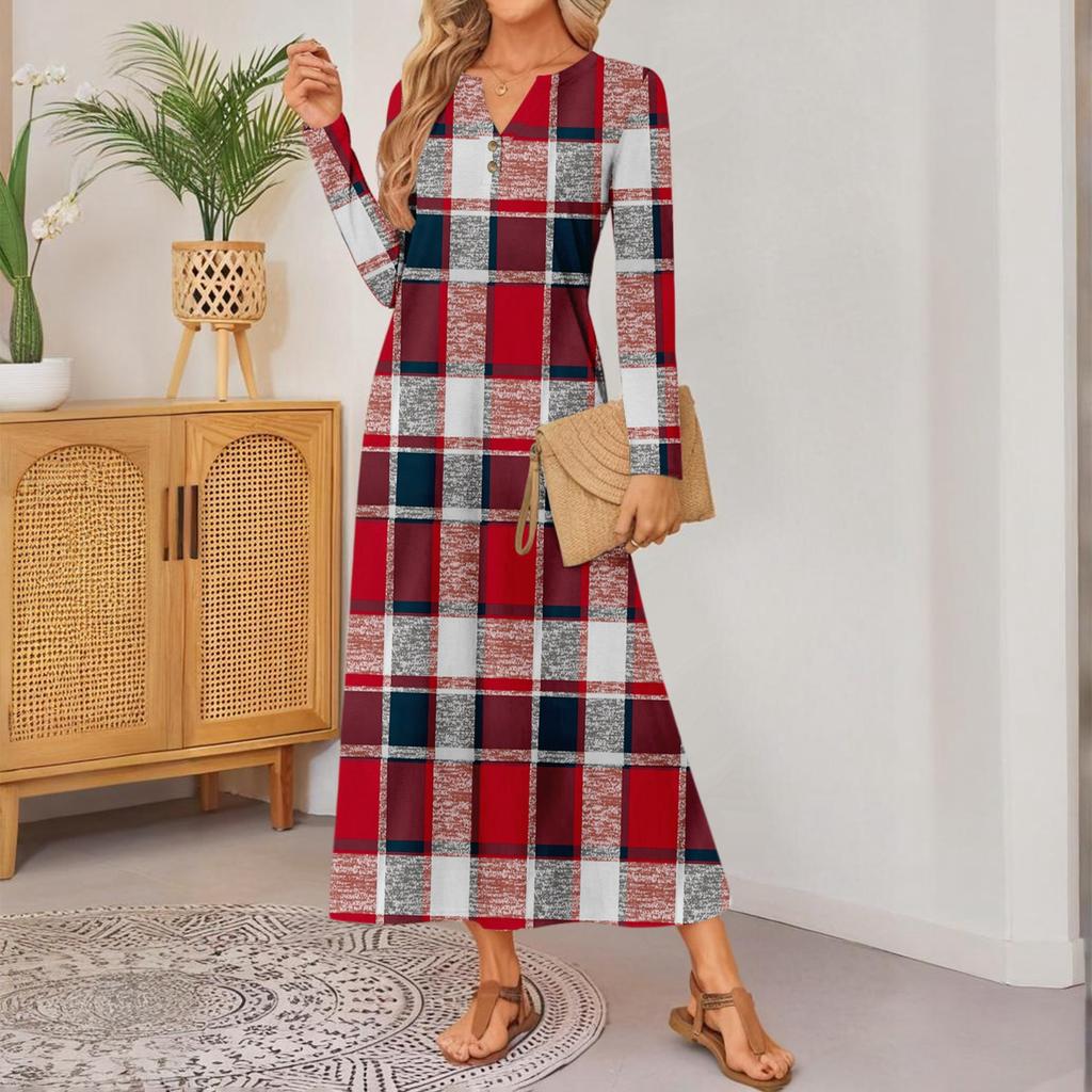 Women's Plaid Print Long-sleeved Comfortable Loose Dress Elegant Dress