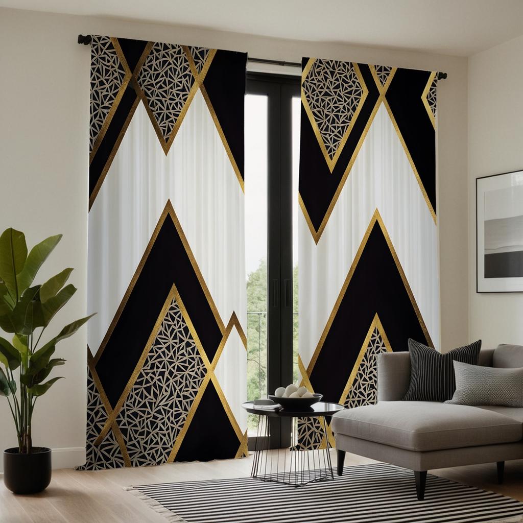 Set Of 2 Hd Simple Geometric Pattern Decorative Curtain Black Gold Digital Printed Home Decoration Style Livin Curtains Made Polyester