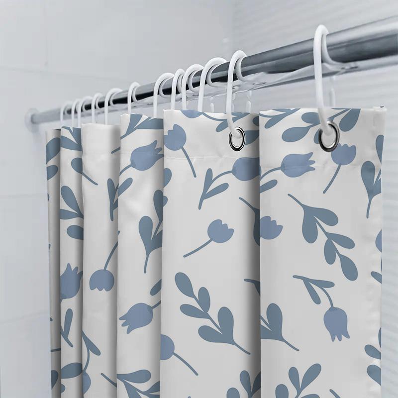 Blue Floral Shower Curtain White Fabric Printing Bath Towel, Home Decor Waterproof Shower Curtains with Rings Set for Bathroom D