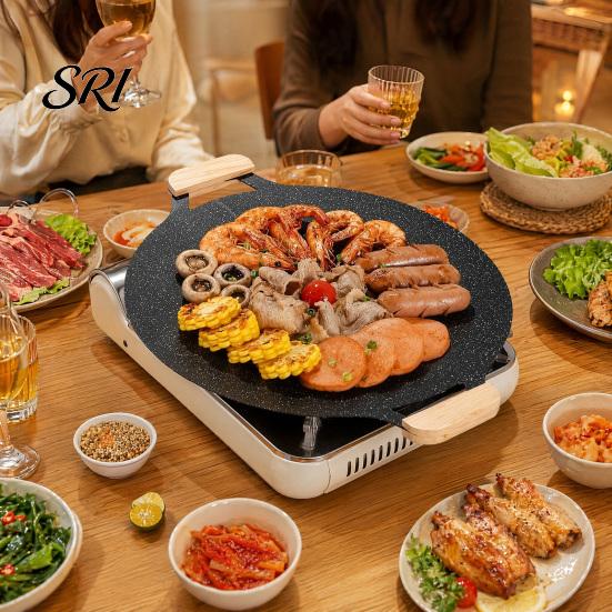 Familien-Outdoor-Kochpfanne, Elektrischer rauchloser Grill, Antihaft-Grillplatte, Koreanischer BBQ-Fleischbräter, Kassettengrill-kompatibel mit Griff, Rund