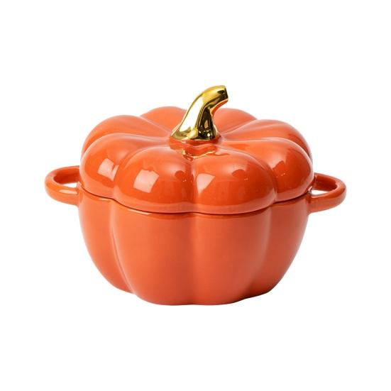 Pumpkin Bowl with Double Handles Stackable Ceramic Pumpkin Soup Bowls Glossy Enamel Pumpkin