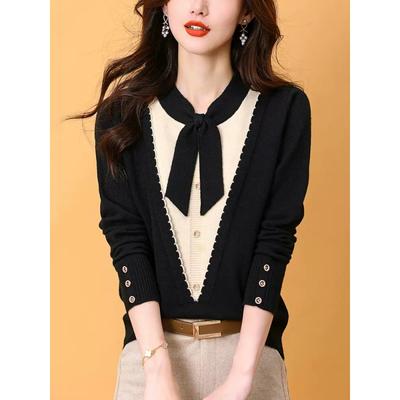 V-neck Fake Two-piece Women's Tops for Autumn New Color-blocked Sweaters with Ribbons Women's Sweater Bottoming Shirts