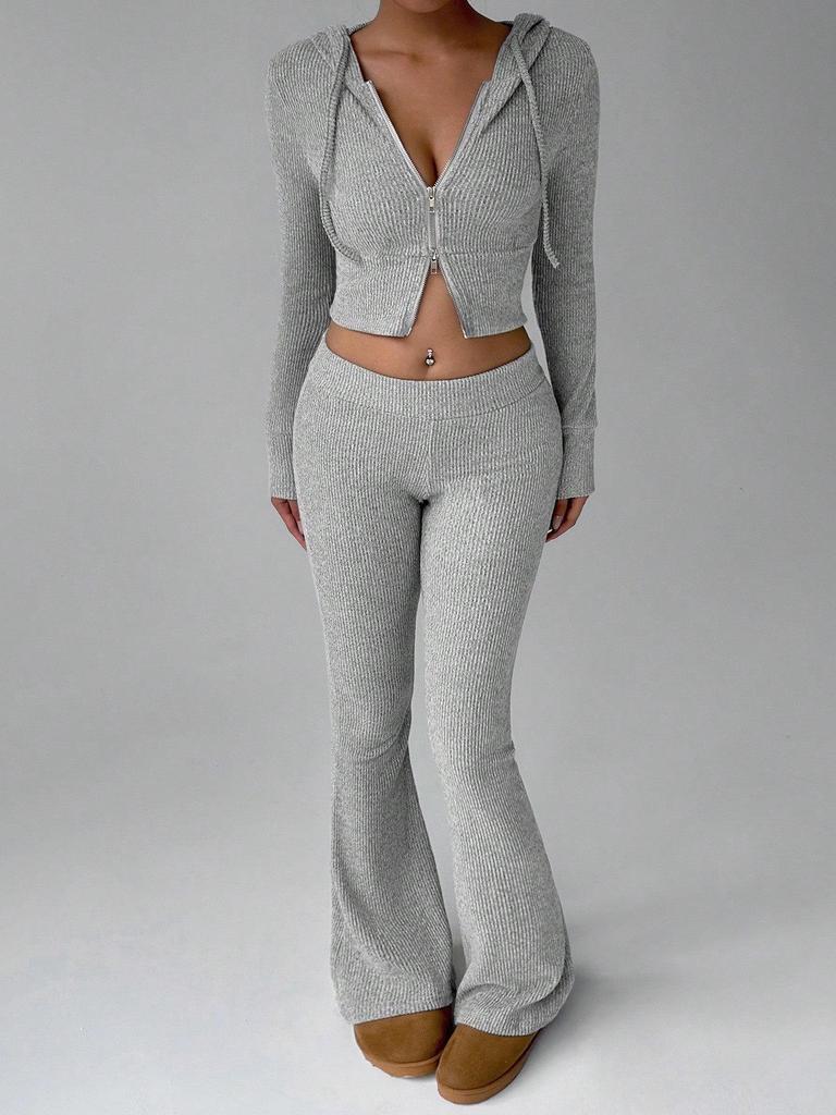 European and American Style Women's Hooded Zipper Sweatshirt and Sweatpants Set - Autumn/Winter Collection