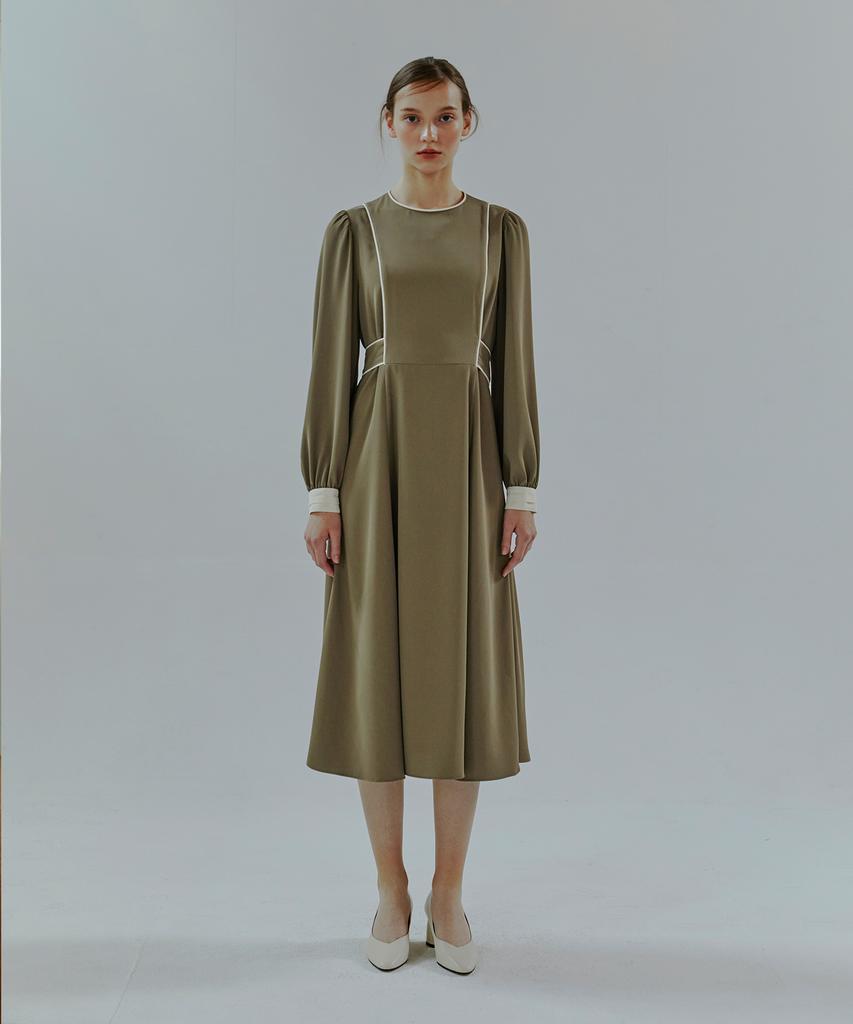 Etmont Combination Color Piping Dress Khaki Brown