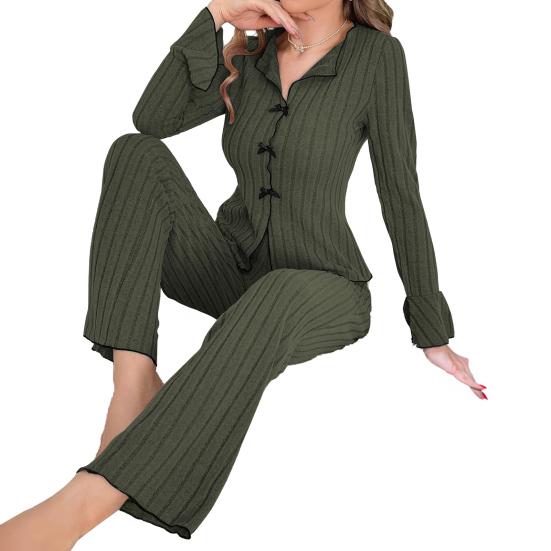 Dammode 2-delat Loungeset Ribbat Knäppning Nedåt Kavajkrage Rosett Pyjamasset Långärmad Mjuk Bekväm Pjs Sovkläder