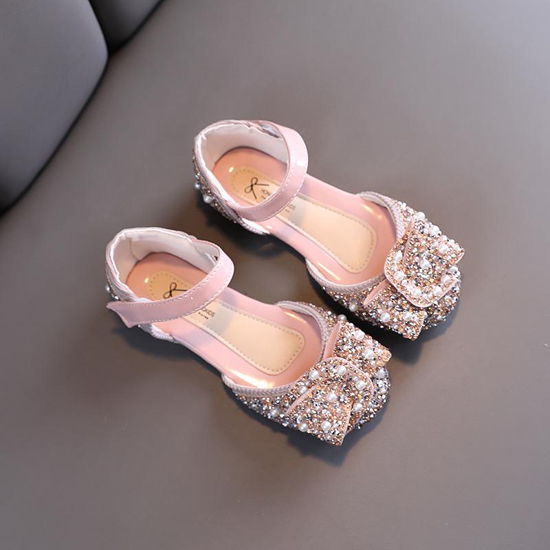 Girls Single Shoes Spring Autumn Pearl Rhinestone Bow Dance Performance Shoes Half Sandals for Little and Middle Kid