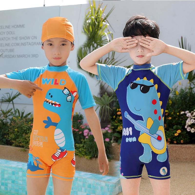 Children's Boys' One-Piece Short-Sleeve Swimsuit: Medium & Large, Quick-Dry, UV Protection