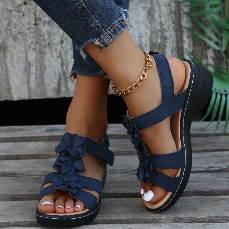 Fashion Oversized Sandals Summer Hollow Out Slope Heel Fish Mouth Flower Buckle Casual Sandals Orthopedic Sandals Comfort Woman