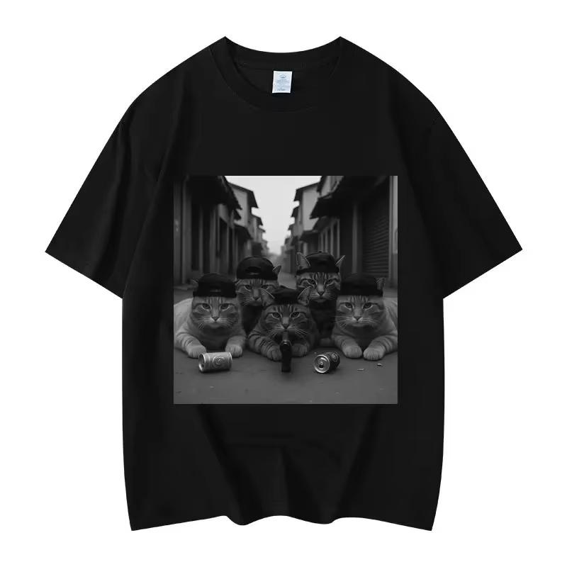 Mens and womens fashionable retro short sleeved Tshirt highquality oversized Tshirt fun cat help Meme pattern Tshirt