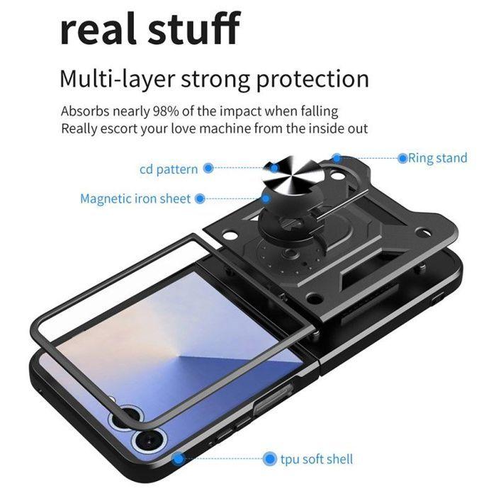 Protective Case - BOOLING - for Samsung Galaxy Z Flip 7 - Shockproof - Black - 2 Tempered Glasses