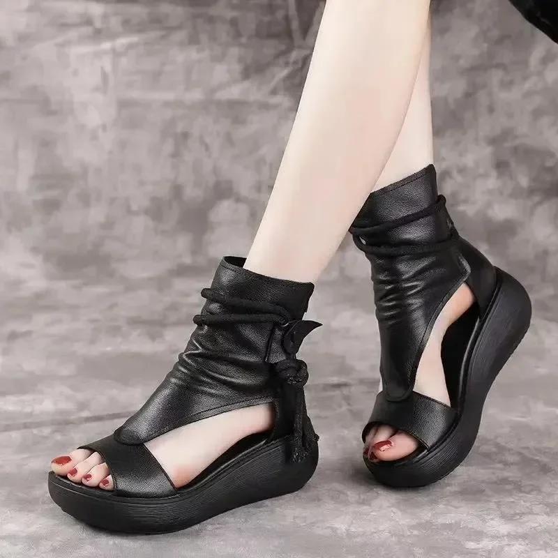 Retro Soft PU Leather Ladies Cool Boots Fashion Women Sandals Summer Fish Mouth Sandals Wedges Mid Heels Shoe Sandalias