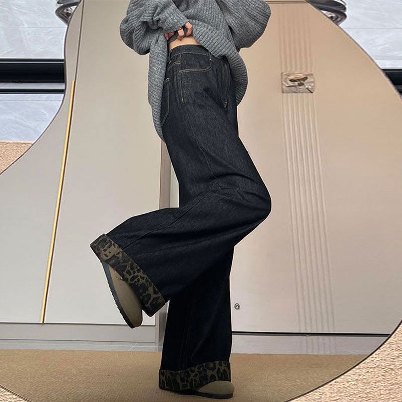 Trendiga Bekväma Svarta Vida Jeans Dam Tunn Högmidjad Skinny Lös Drapperad Rak Byxa Jeans för Kvinnor Långa Denimbyxor