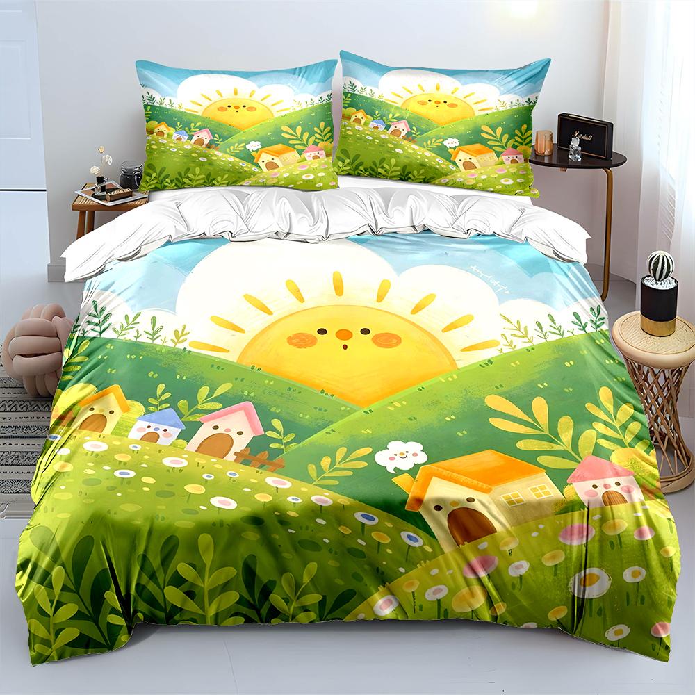 Cute Fairytale Landscape with Sunny Houses Print Bedding Set 1 Duvet Cover 2Pillowcases for Adult Children Luxury Gift Full Size